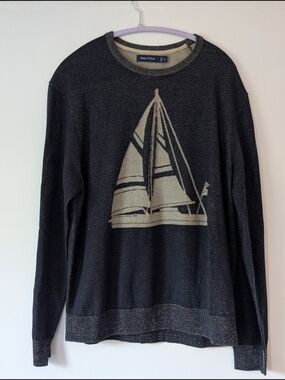 Nautica Mens XL Regatta-Themed Blue and Tan Crewneck 100% Cotton Sweater